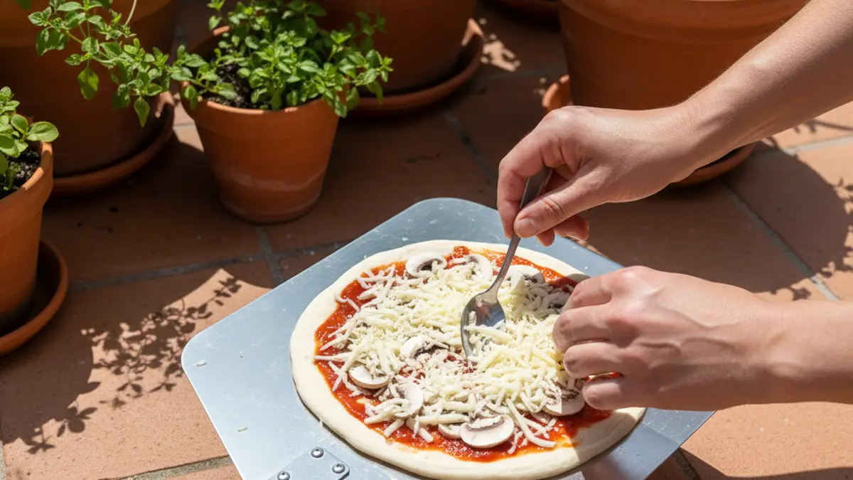 Mini pizzabodem op een metalen spatel met saus en kaas