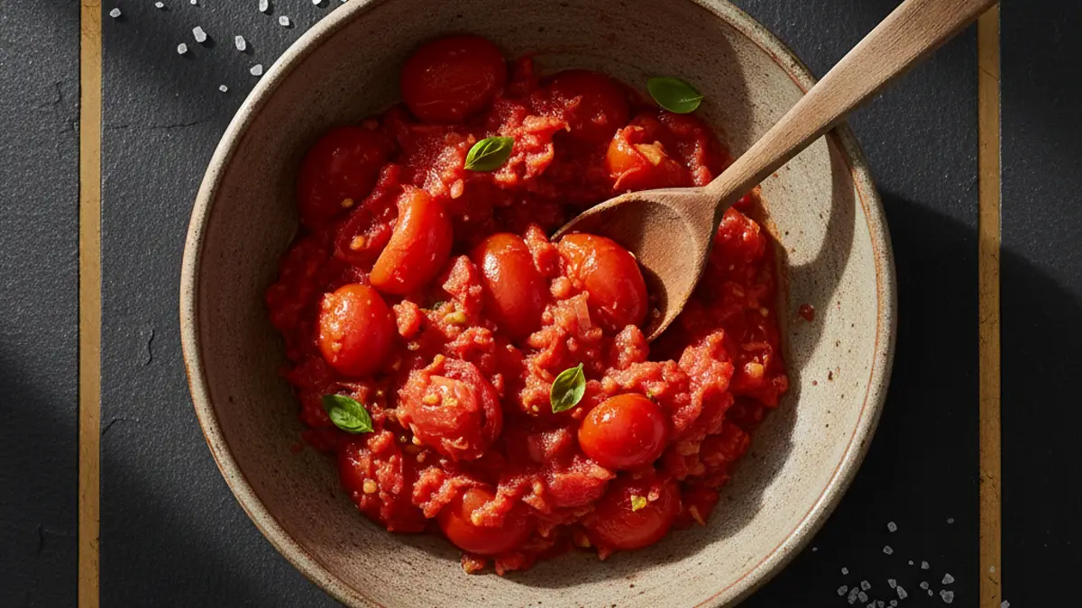 Rauwe tomatensaus met stukjes gepelde tomaat in een kom