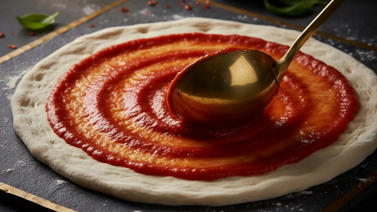 Rode pizzasaus uitsmeren met een lepel op vers deeg