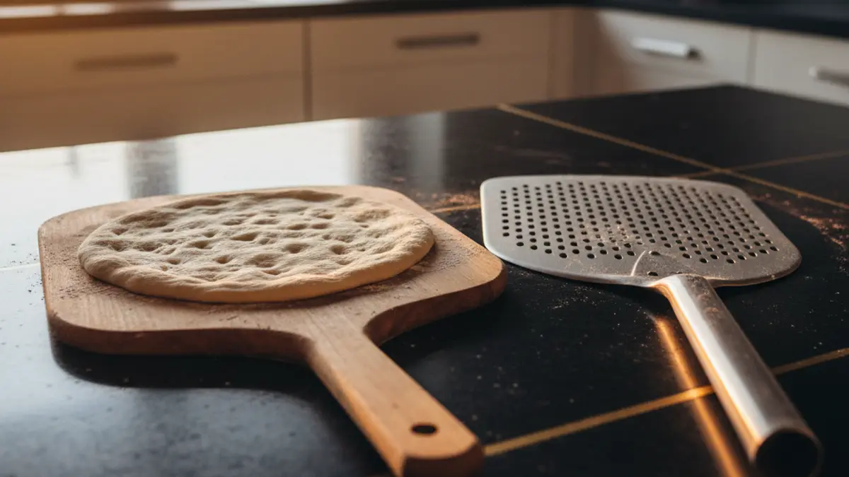 Houten en aluminium pizzascheppen op een werkblad