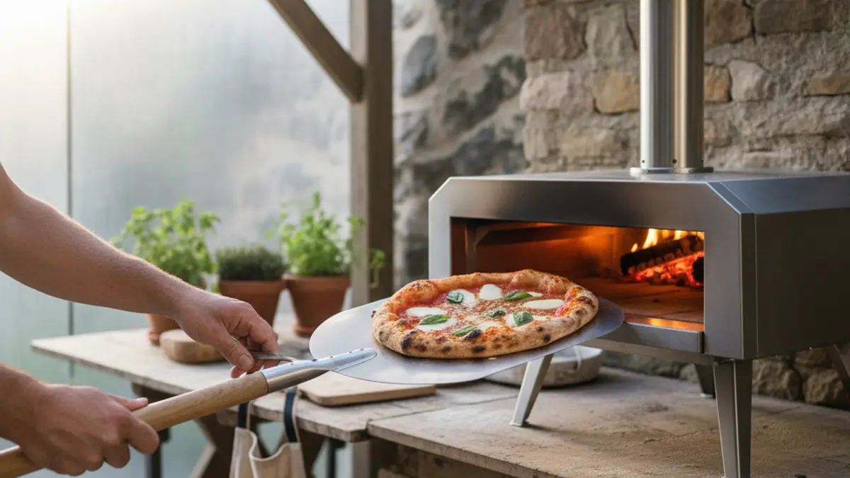 Ronde draaischep waarmee een pizza wordt geroteerd in een hete oven