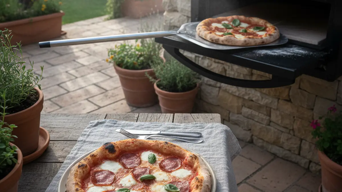 Een verse pizza die met een pizzaschep op een hete pizzasteen wordt geschoven