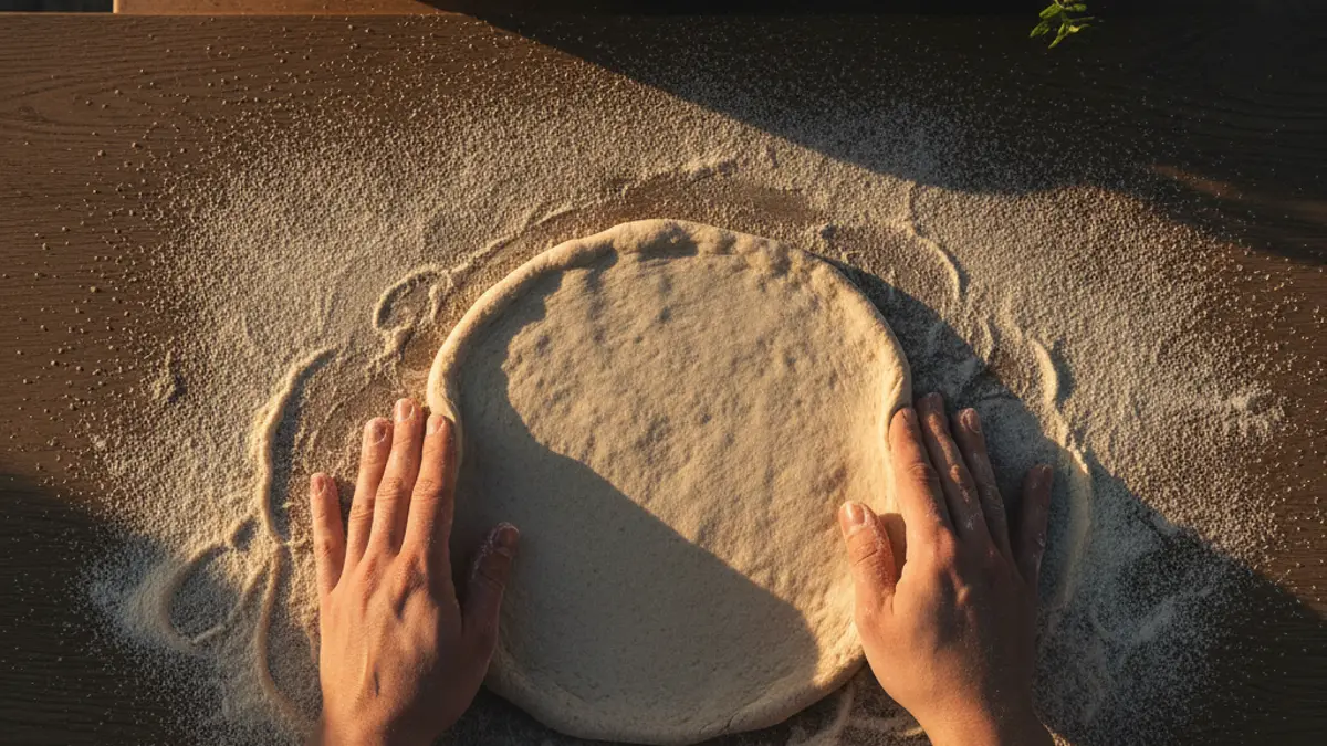 Volkoren pizzadeeg uitrekken op een houten werkblad met semola