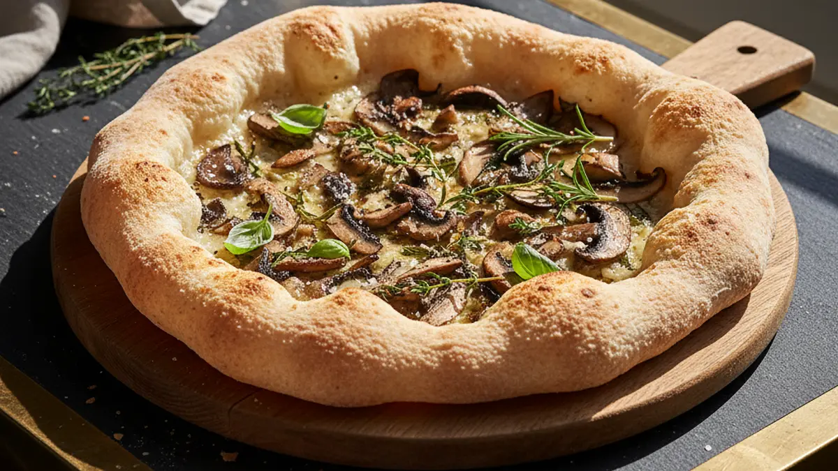 Gebakken volkoren pizza met luchtige korst en paddenstoelen