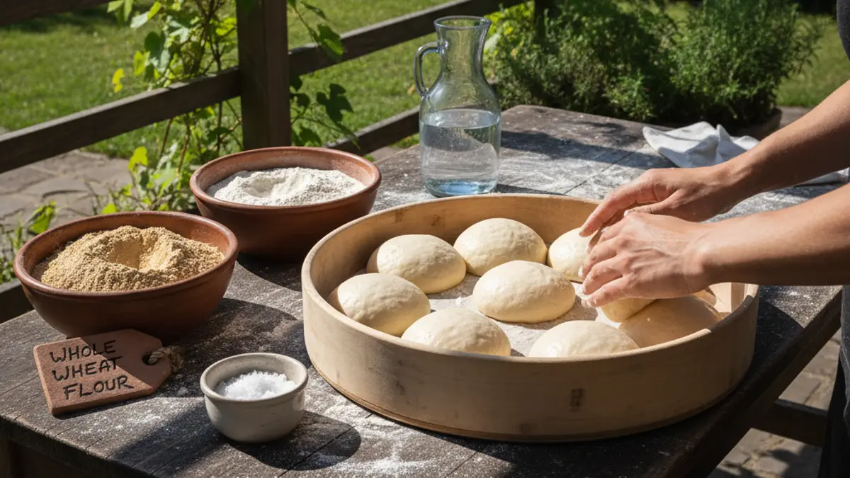 Ingrediënten voor volkoren pizzadeeg op een houten werkblad