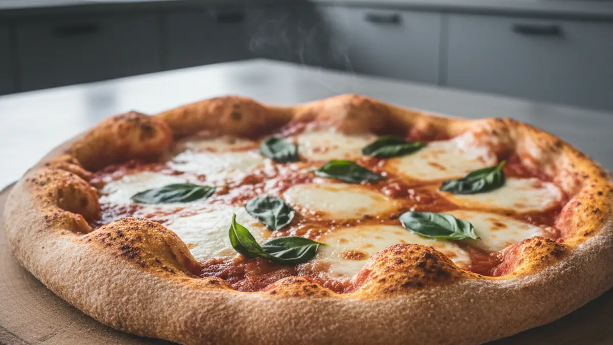 Versgebakken pizza van volkoren pizzadeeg met basilicum en mozzarella