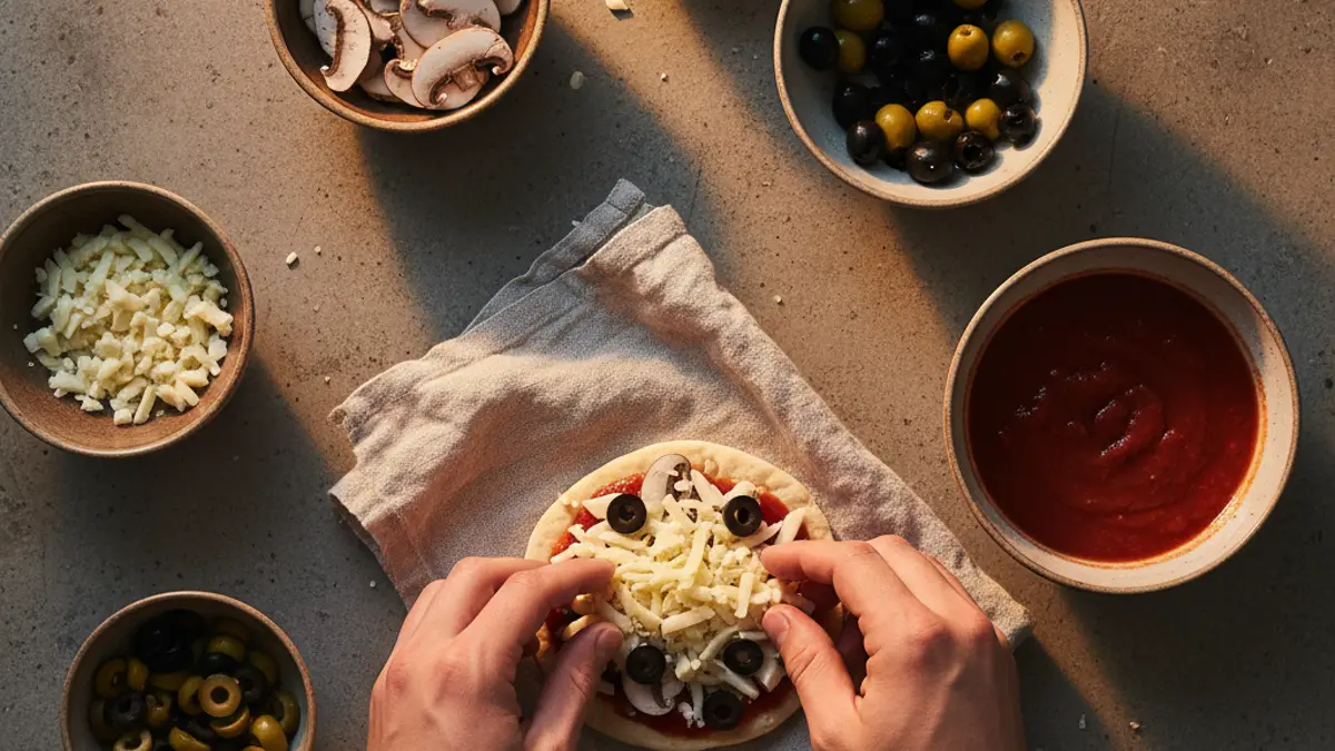 Schaaltjes met diverse pizza toppings en geraspte kaas op tafel