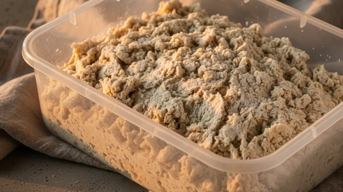 Rul en brokkelig biga voordeeg in een transparante mengkom