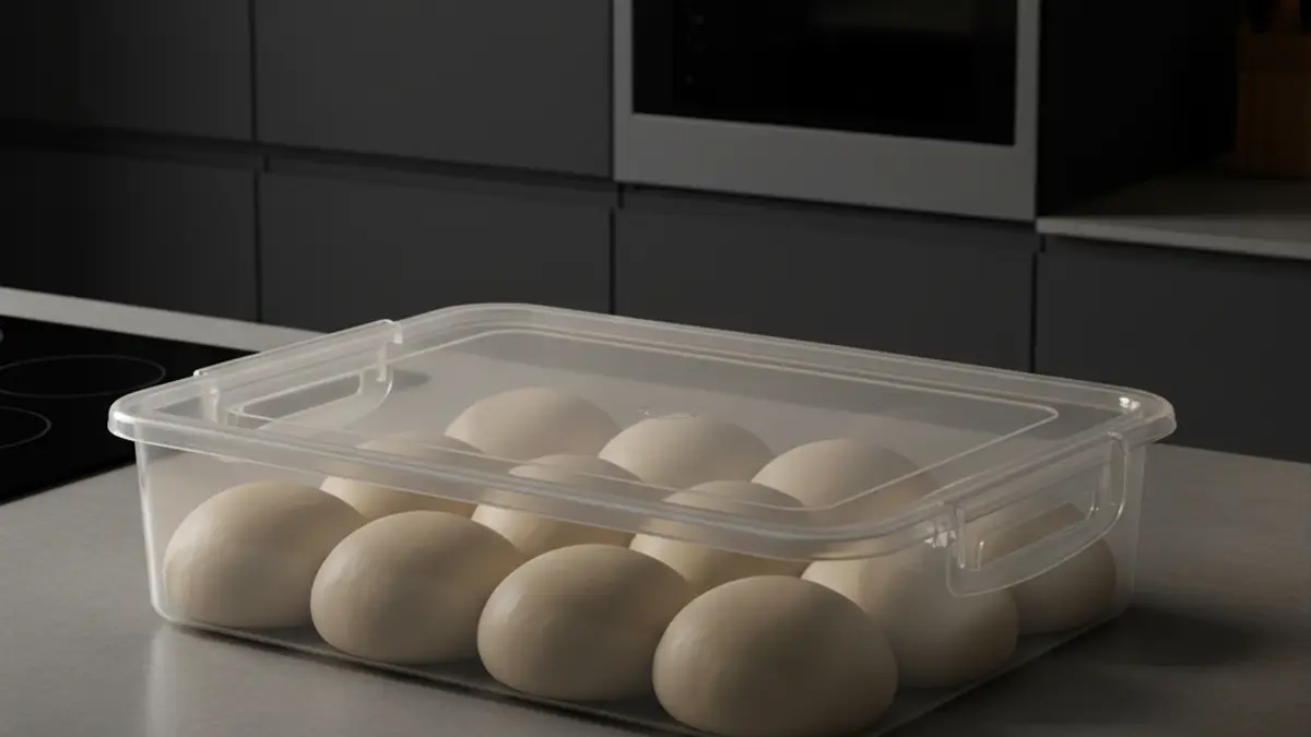 Ronde deegbollen die narijzen in een professionele deegkrat