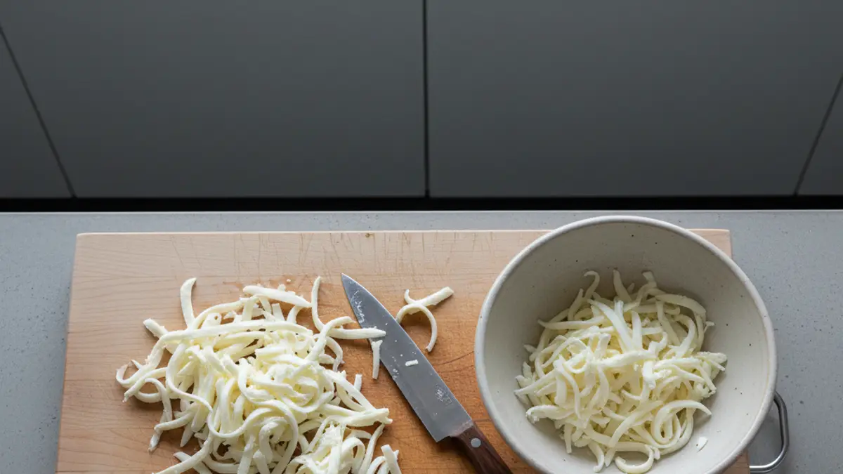 Dunne reepjes fior di latte mozzarella op een houten snijplank