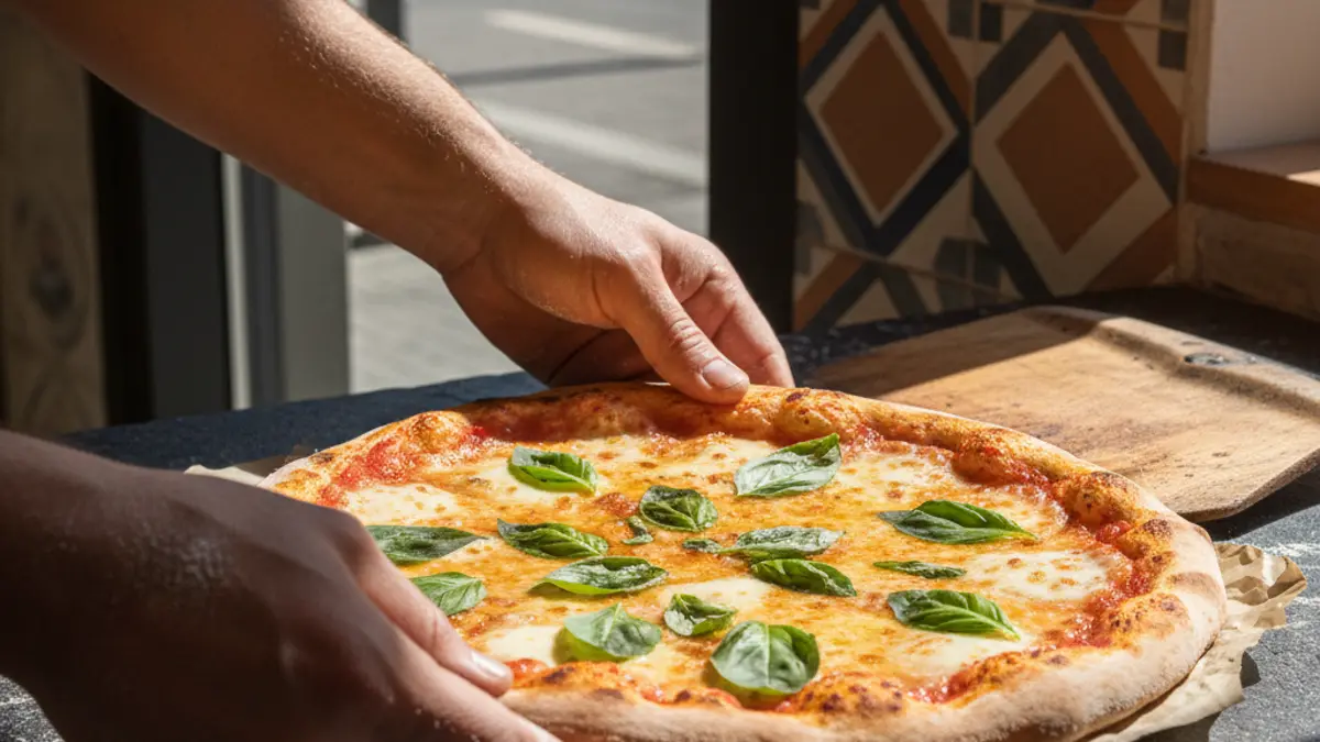 Perfect gebakken pizza met gesmolten mozzarella en verse basilicum