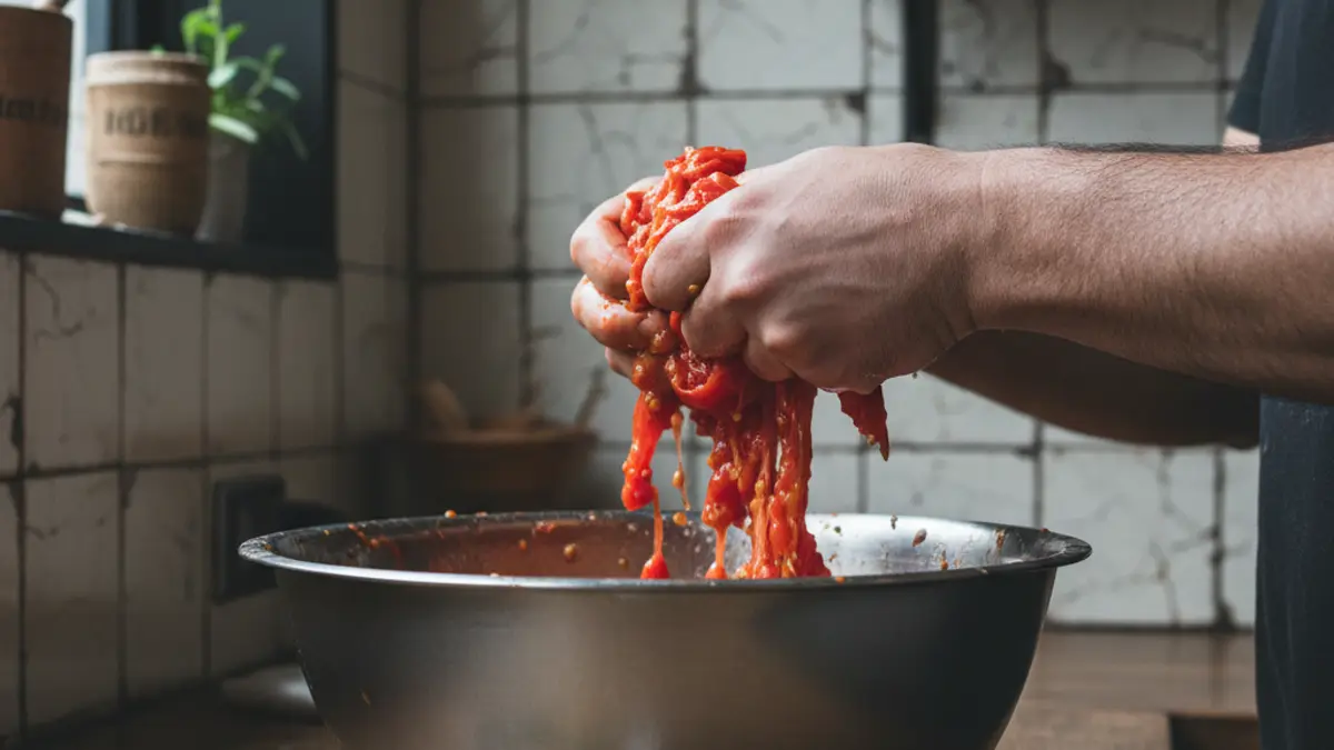 Gepelde San Marzano tomaten met de hand pletten in een keramische kom