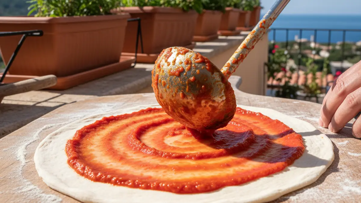 Tomatensaus gelijkmatig in een spiraal uitgesmeerd over pizzadeeg